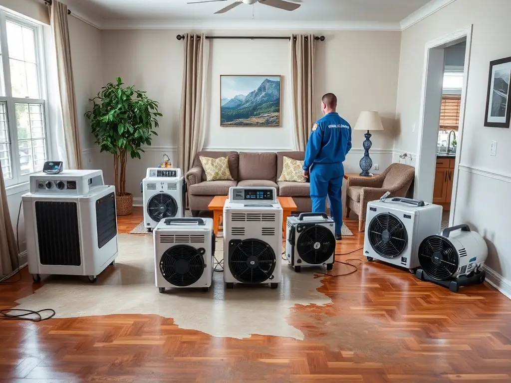 A photo showcasing TWM Water Damage Restoration Austin's advanced drying equipment, including dehumidifiers and air movers, set up in a residential property to dry out affected areas.