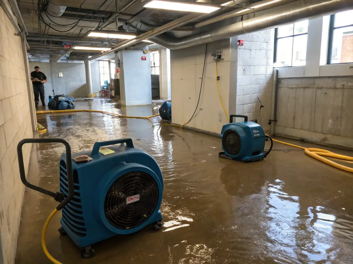 An image showing industrial dehumidifiers and air movers drying out a water-damaged room, with moisture meters displaying the drying progress.