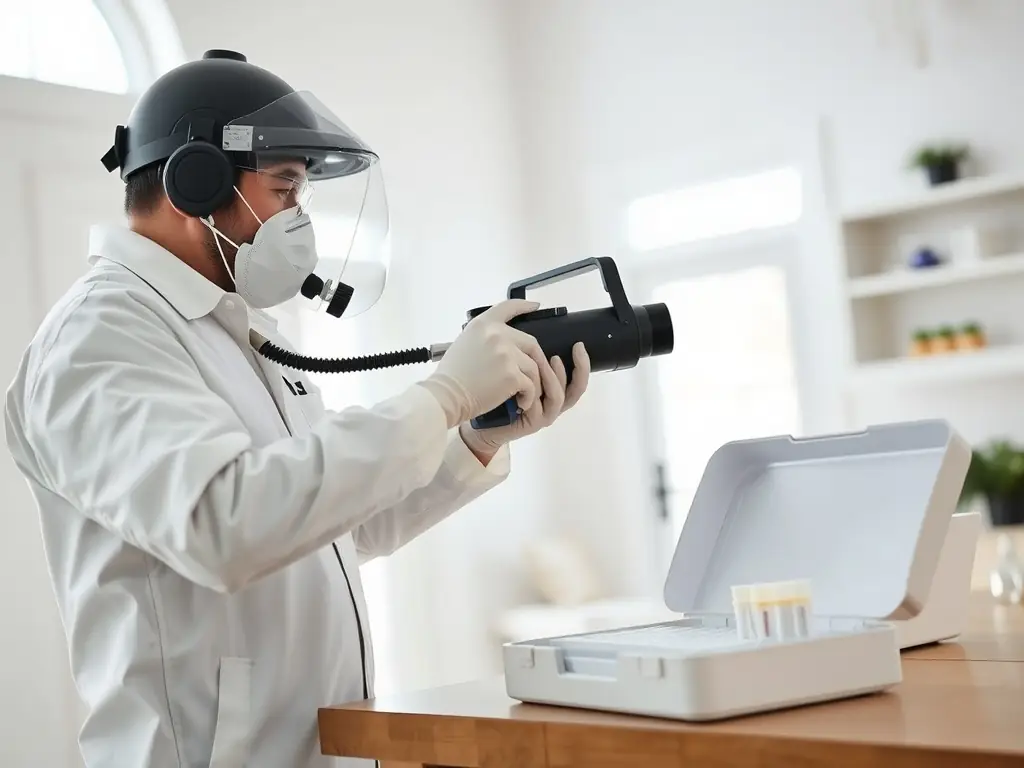 A photo of a technician in full protective gear inspecting a wall for mold, with specialized equipment used for mold detection and remediation.