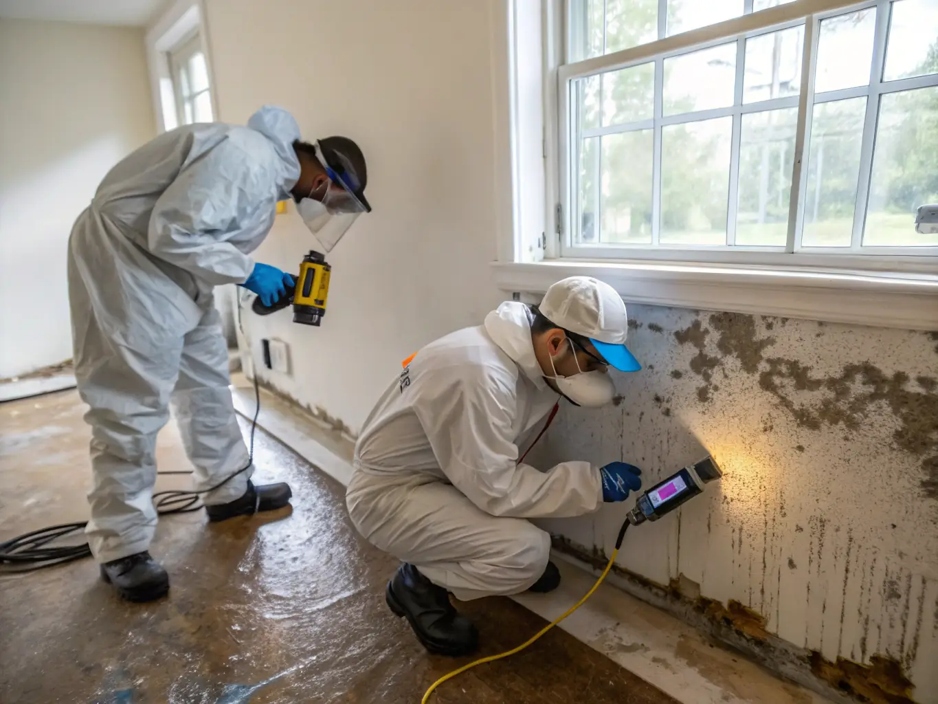A photo of a TWM Water Damage Restoration Austin technician using a moisture meter to assess water damage in a home, with visible water stains on the wall.