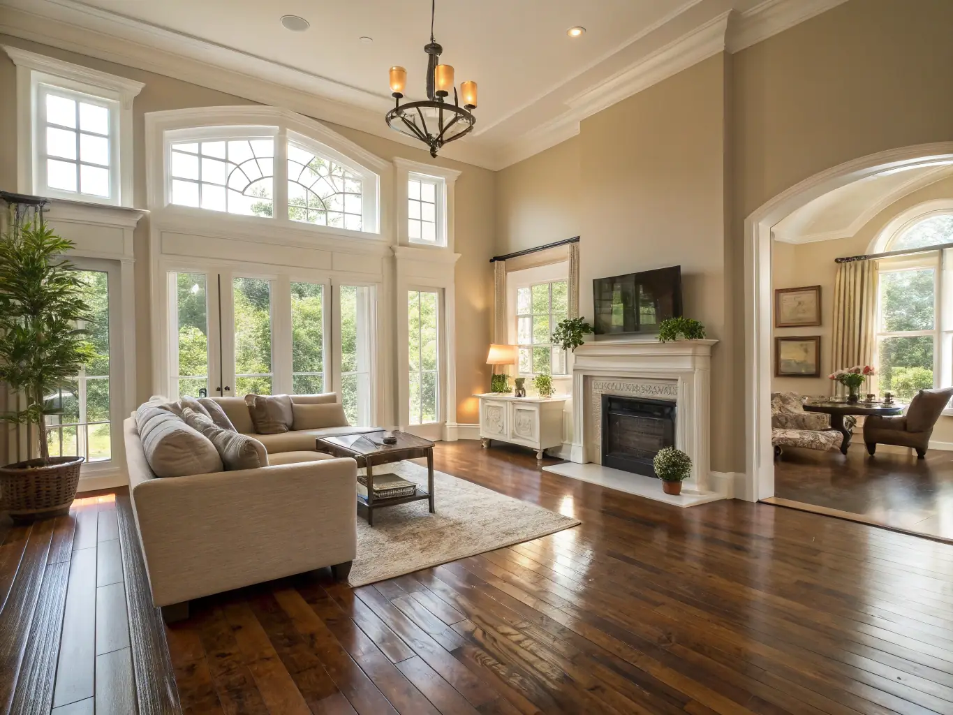 A beautifully restored home interior after water damage, showcasing repaired walls, new flooring, and clean furniture.