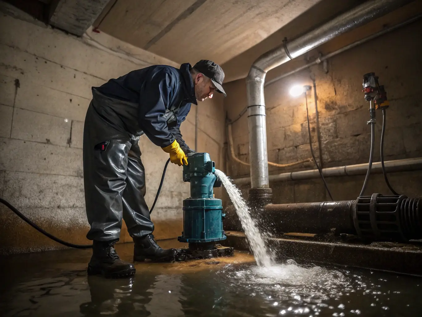 A high-resolution image depicting water extraction in a flooded basement, showcasing professional equipment and a technician in protective gear.