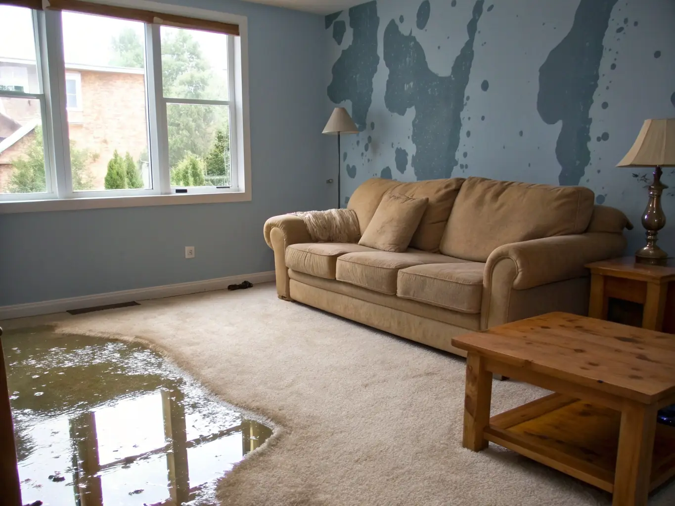A flooded living room with furniture partially submerged in water, showcasing the immediate need for water extraction services.
