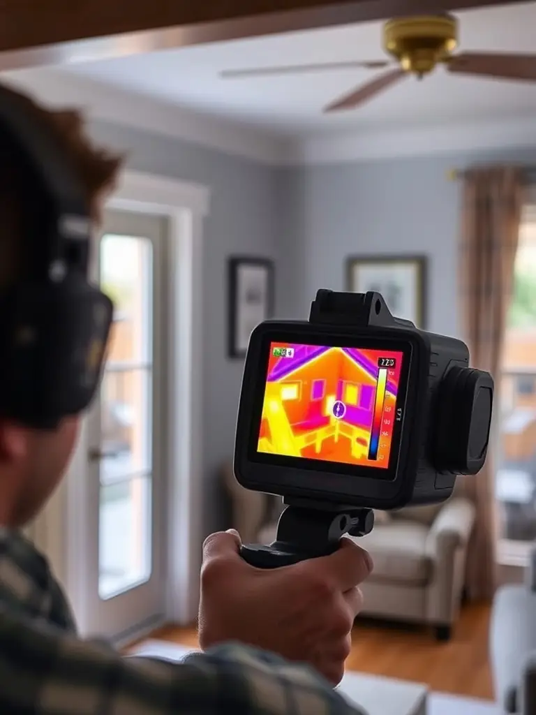 A thermal imaging camera being used to detect hidden moisture behind a wall during a water damage inspection in an Austin home.