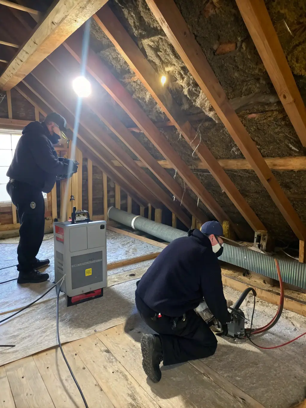 An image of a technician inspecting a wall for mold growth with specialized equipment.