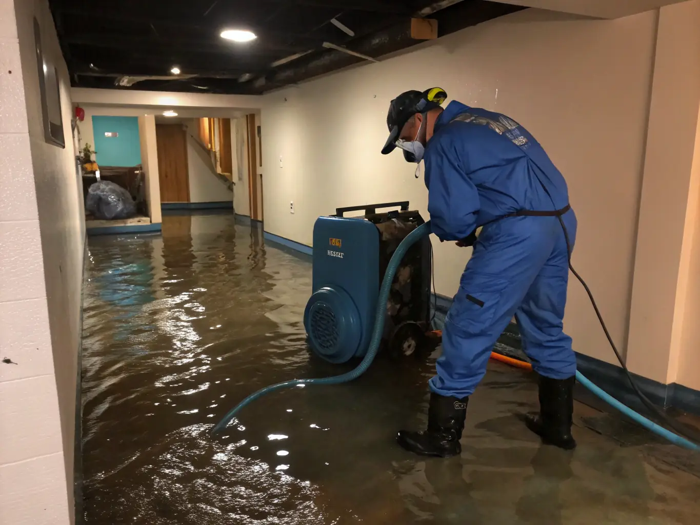 A photo of a TWM Water Damage Restoration Austin technician wearing a company uniform and using professional-grade water extraction equipment in a flooded commercial space.