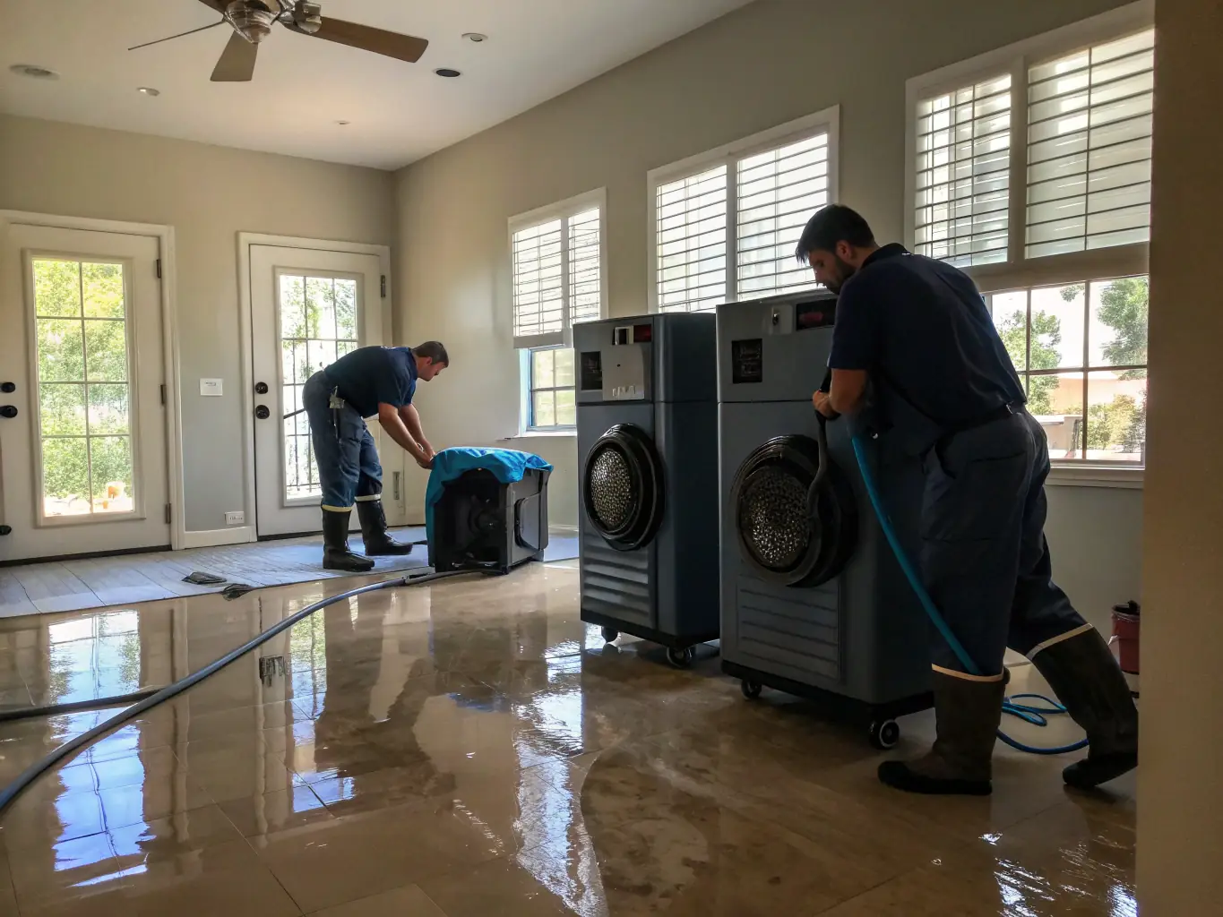 A technician using industrial-grade dehumidifiers and air movers to dry out a water-damaged building structure.