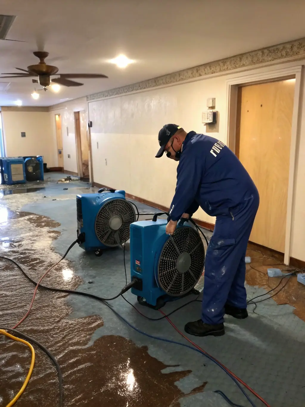 A picture of advanced drying equipment, such as dehumidifiers and air movers, being used in a water-damaged home.