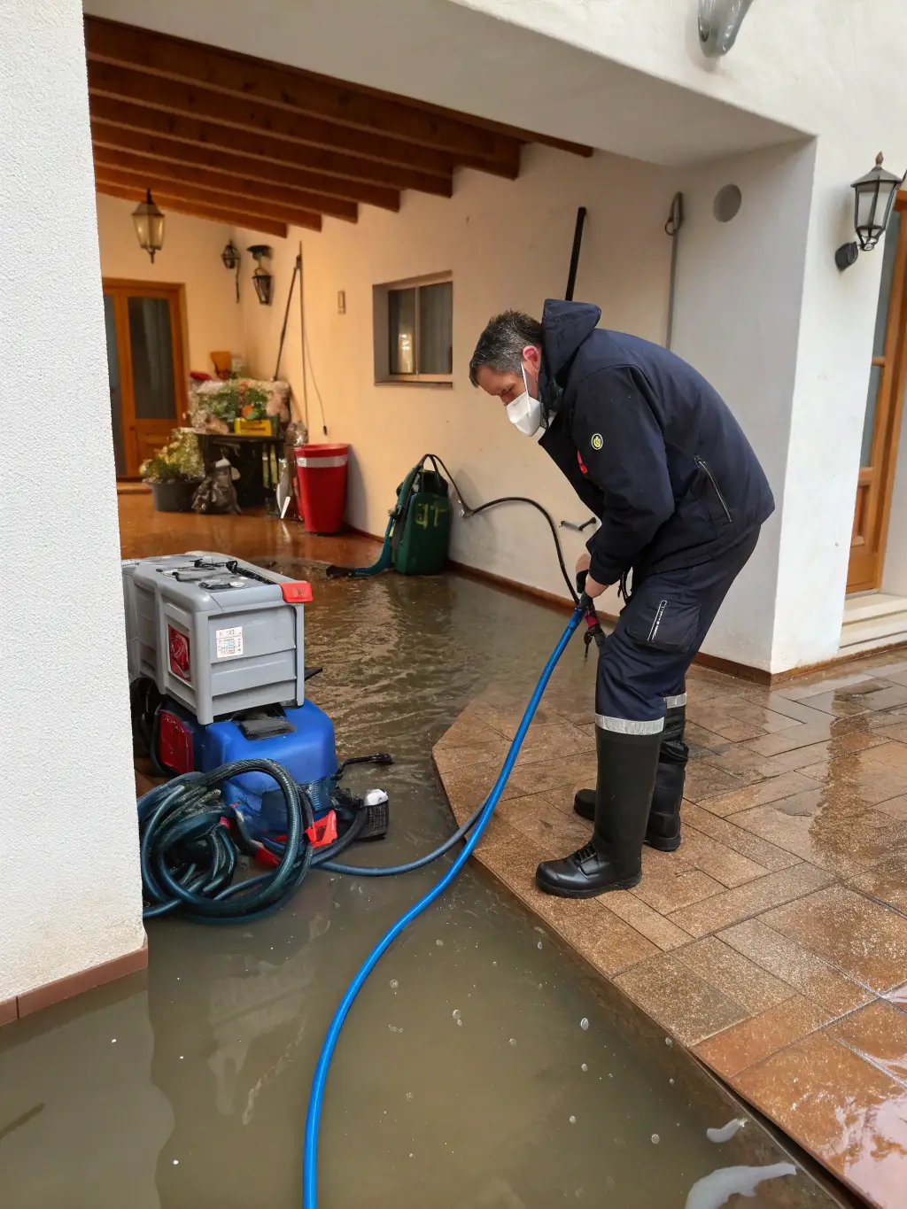 A photo of a flooded basement with a technician using water extraction equipment, showcasing the initial response to water damage.